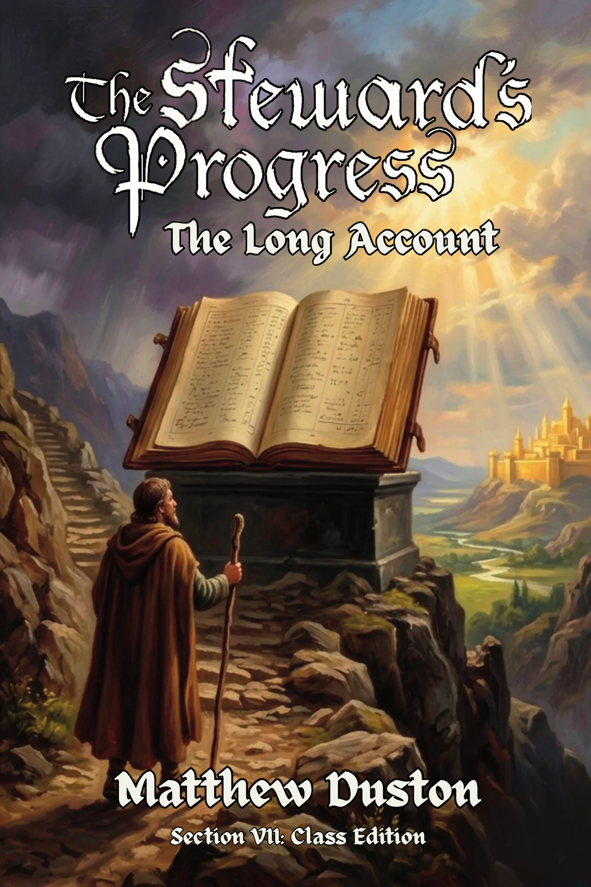 The cover of The Steward’s Progress: The Long Account, Section VII Class Edition: a traveller with a staff on a rocky mountain path, an open ledger on a plinth beside him, beneath the wordmark and a red VII wax seal.