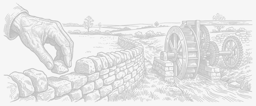 A steel engraving: a hand sets the first stone of a low field wall, a waterwheel and gears turning beyond it.