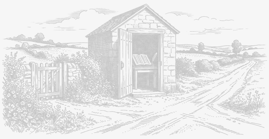 A steel engraving: a walled garden beside a strongbox and an open ledger — the Bank of the Long Account.
