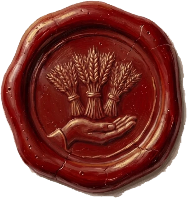 The red wax seal of Three Sheaves Press: three sheaves of wheat over an open hand